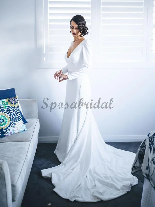 White Satin Long Sleeve V-neck With Train Simple Wedding Dresses WD370