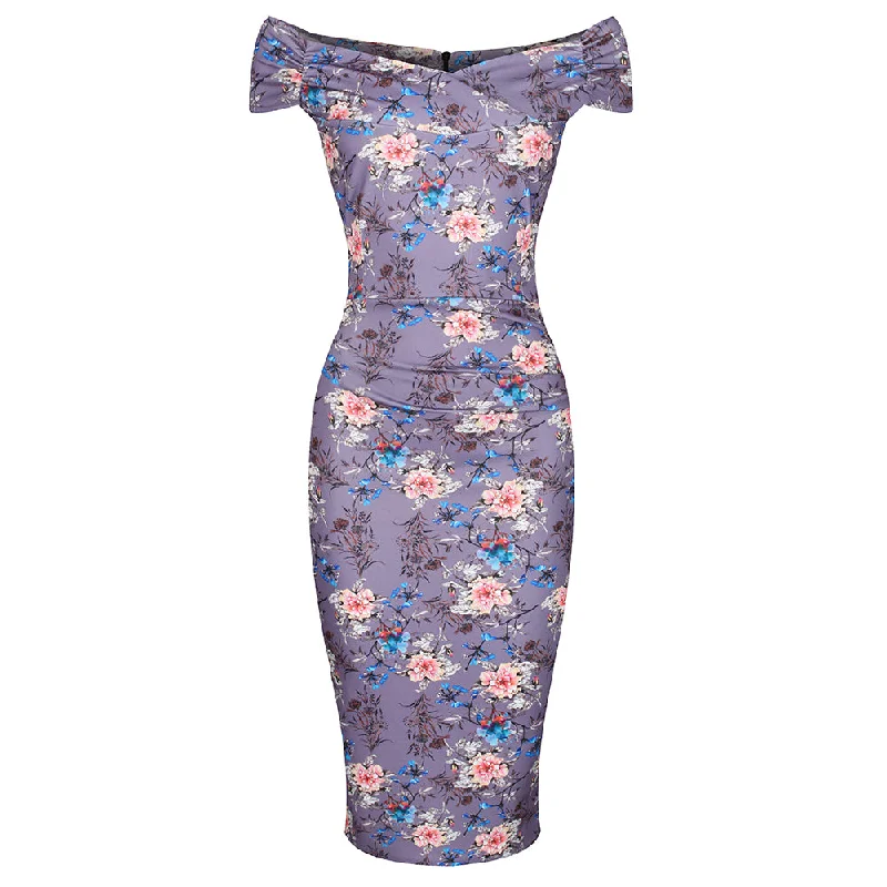 Mauve Floral Cap Sleeve Crossover Top Bardot Wiggle Dress