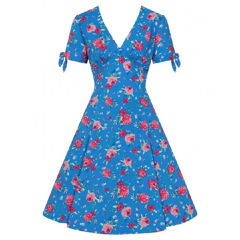 Vibrant Blue Pink Floral Fit And Flare Swing Dress