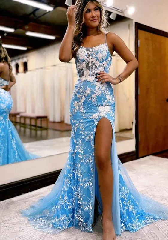 Blue Open Back Mermaid Lace Prom Dress with Slit PC1354