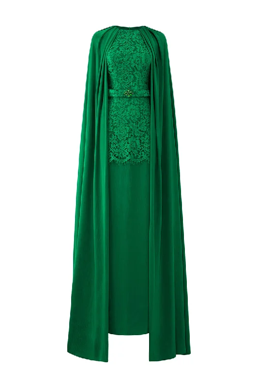 GREEN SILK AND LACE GOWN WITH PLEATED NECKLINE CAPE