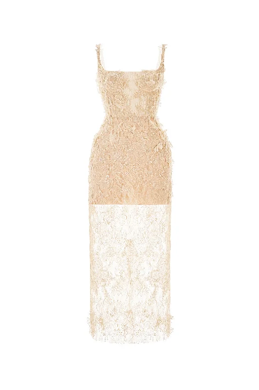 IVORY BEADED LACE PENCIL DRESS