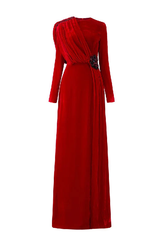 RED ROUND NECKLINE DRAPED VELVET GOWN WITH BLACK LACE