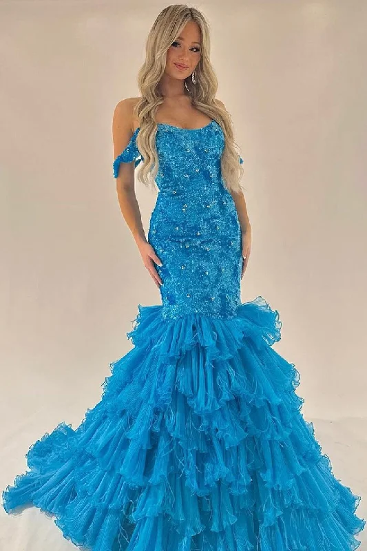 Off the Shoulder Mermaid Sequins Long Prom Dresses with Ruffles